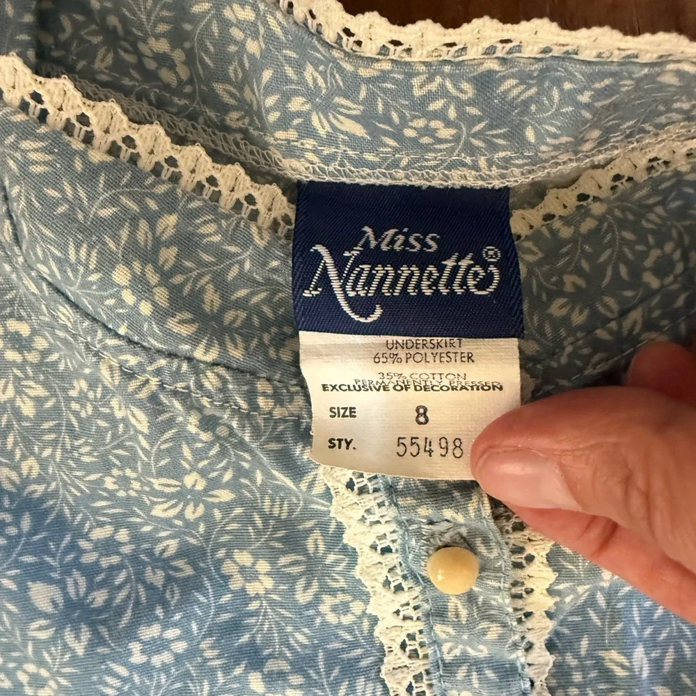 Miss Nannette Sz 8 Blue Floral kids Dress, Lace Trim Cottagecore - Picture 2 of 10